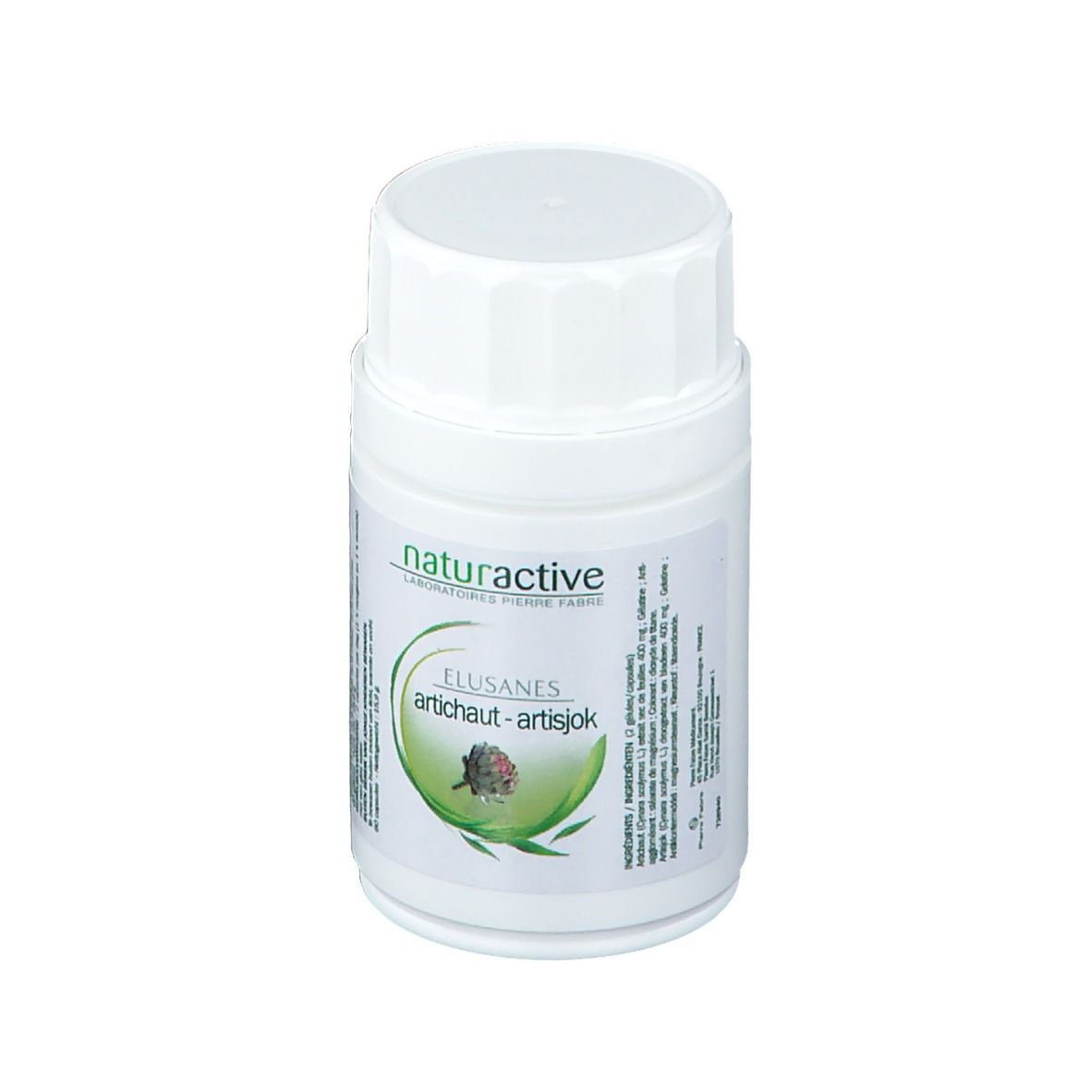 Contenitore cilindrico bianco con tappo a vite. Scritta: Elusanes Artichaut-Artisjok, naturactive.