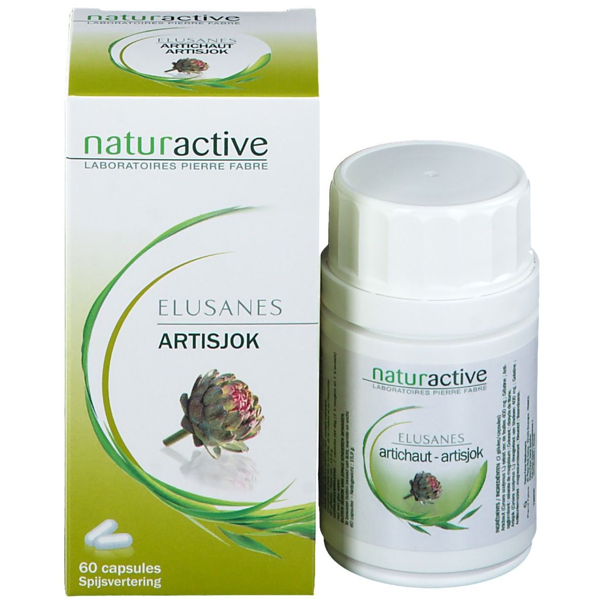 Confezione del prodotto con flacone e scatola. Scritta: Elusanes Artisjok, naturactive. 60 capsule.