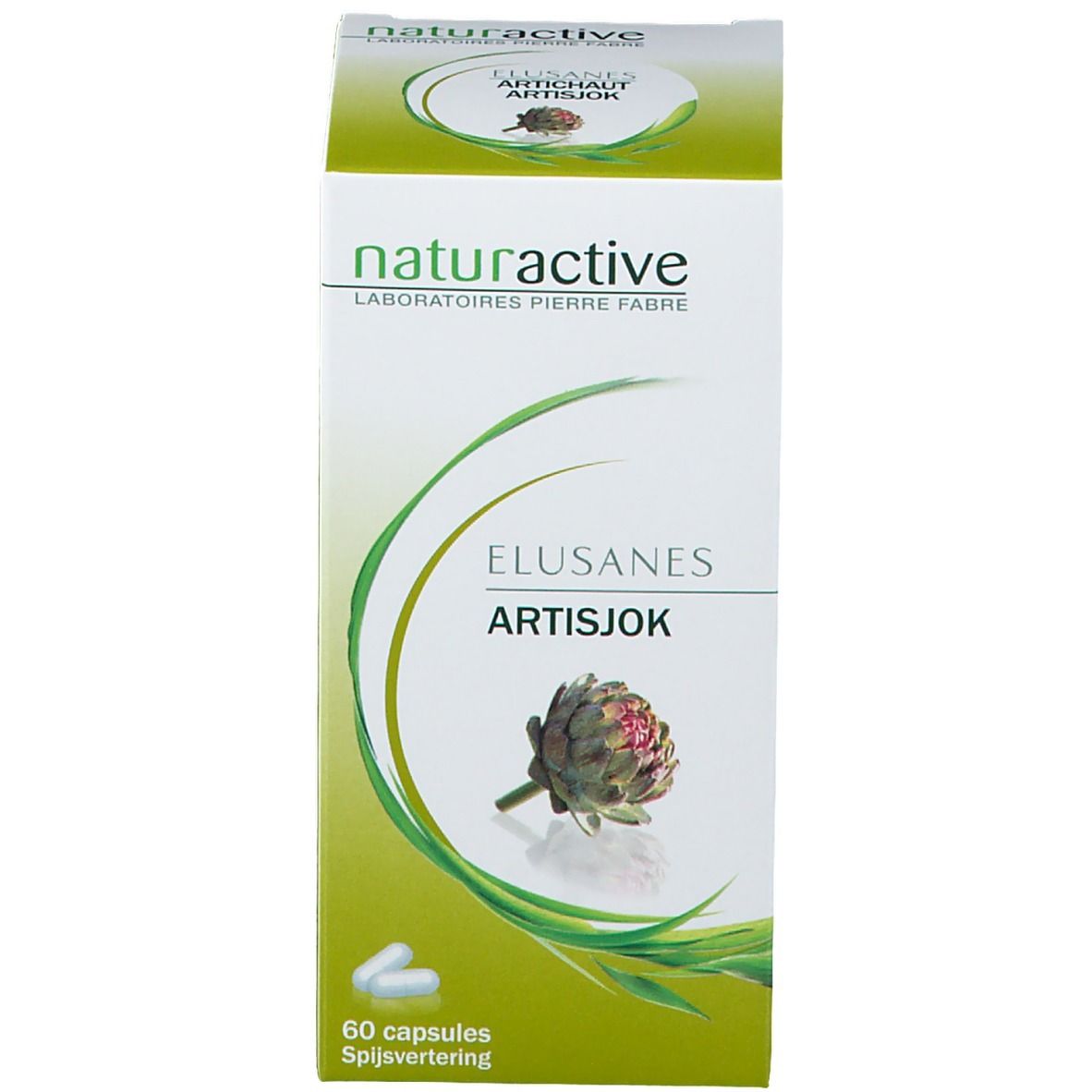 Confezione del prodotto, scatola. Scritta: Elusanes Artisjok, naturactive. 60 capsule.