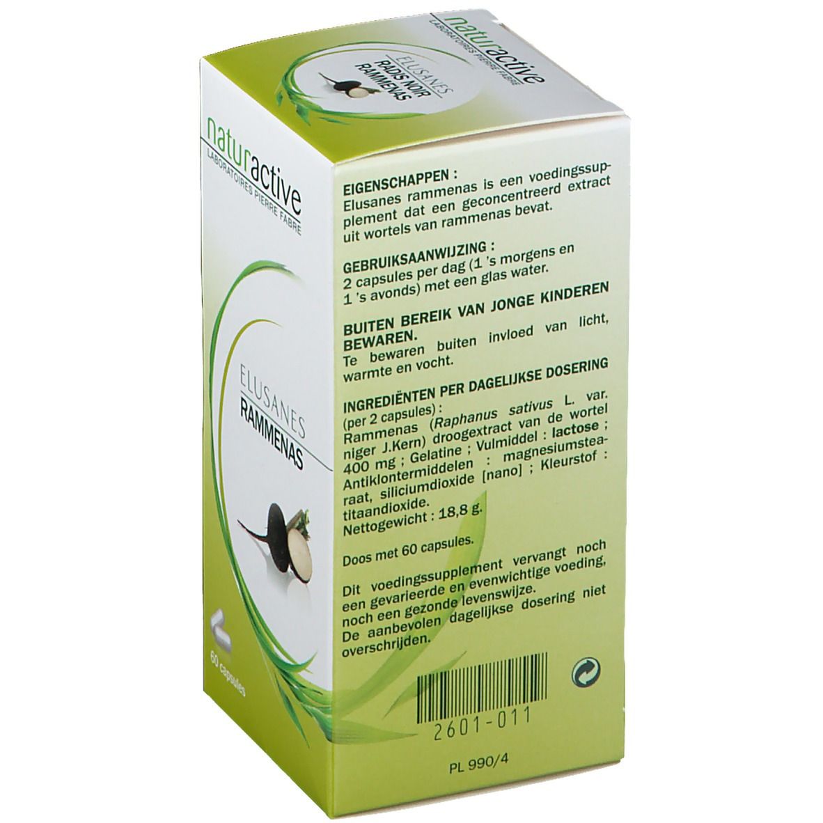 Retro della confezione Elusanes Rammenas. Ingredienti, dosaggio e avvertenze. Marchio Naturactive.