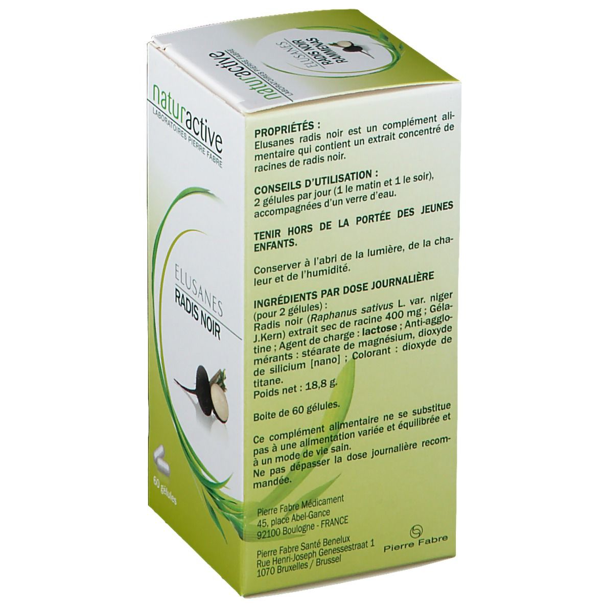 Retro della confezione Elusanes Radis Noir. Ingredienti, dosaggio e avvertenze. Marchio Naturactive.