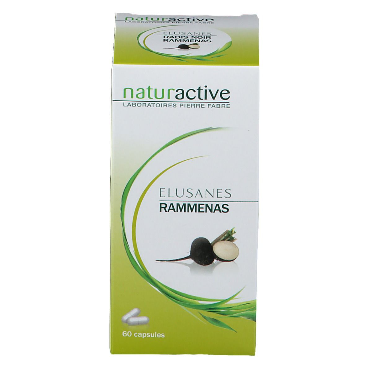 Confezione di capsule Elusanes Rammenas. Marchio Naturactive. 60 capsule. Illustrazione di ravanello nero.
