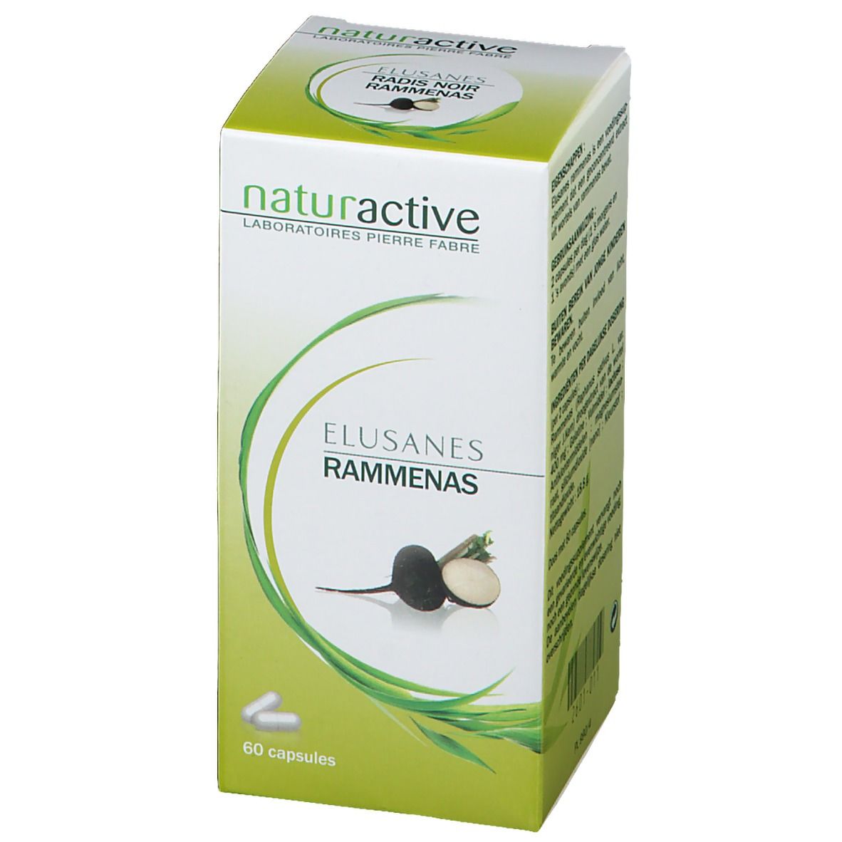 Confezione di capsule Elusanes Rammenas. Marchio Naturactive. 60 capsule. Illustrazione di ravanello nero.
