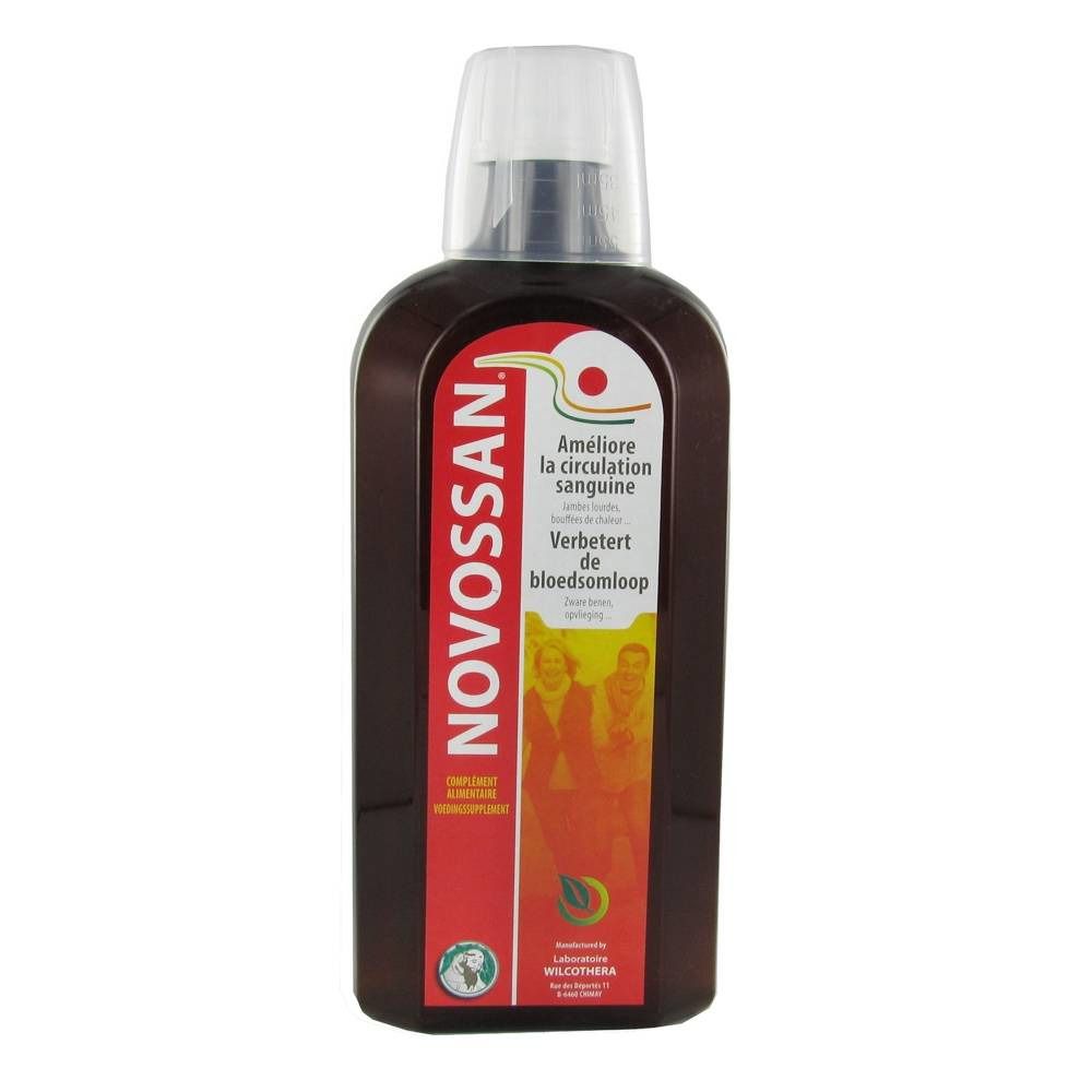 Bottiglia marrone con tappo bianco. Etichetta rossa con testo e logo. Scritta: Novossan.