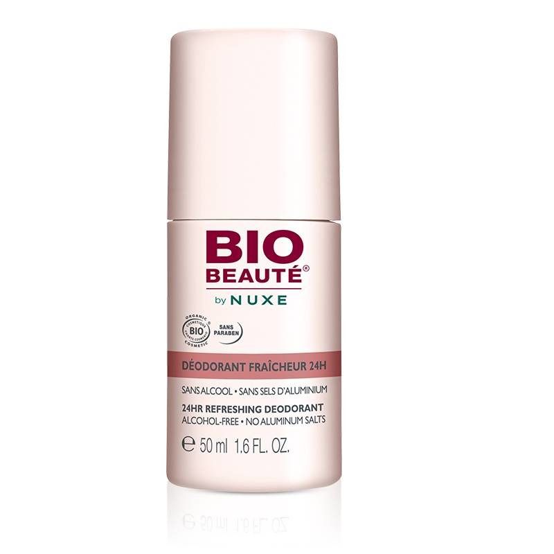 Deodorante roll-on rosa e bianco. Scritta: BIO BEAUTÉ by NUXE. 24HR Refreshing Deodorant. Senza alcool, senza sali di alluminio.