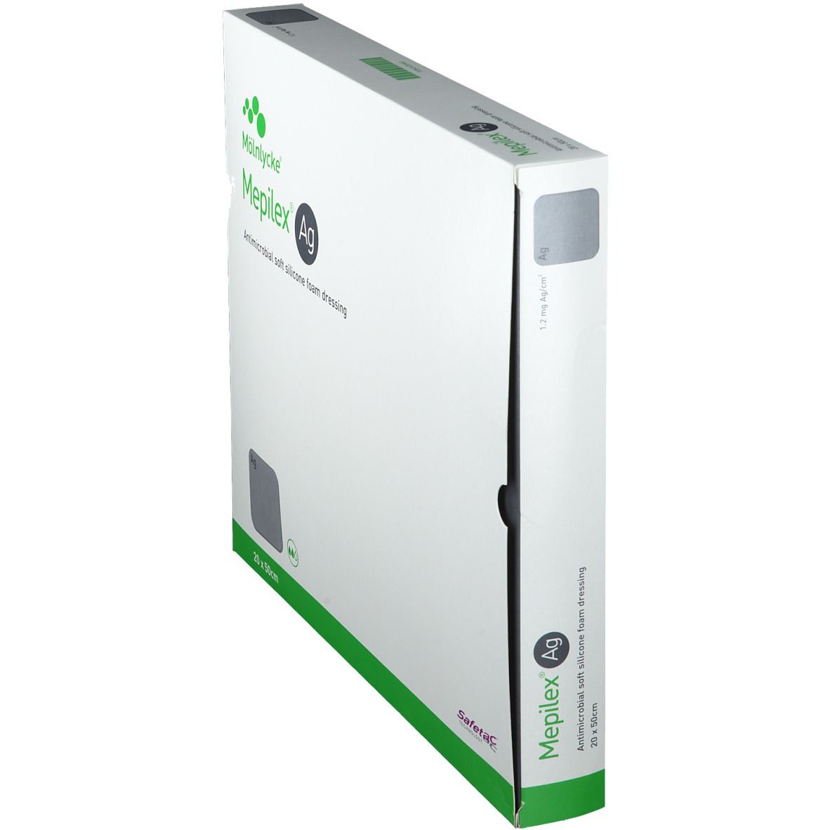 Confezione Mepilex Ag, in diagonale. Medicazione in schiuma di silicone morbida antimicrobica. Bianco e verde.