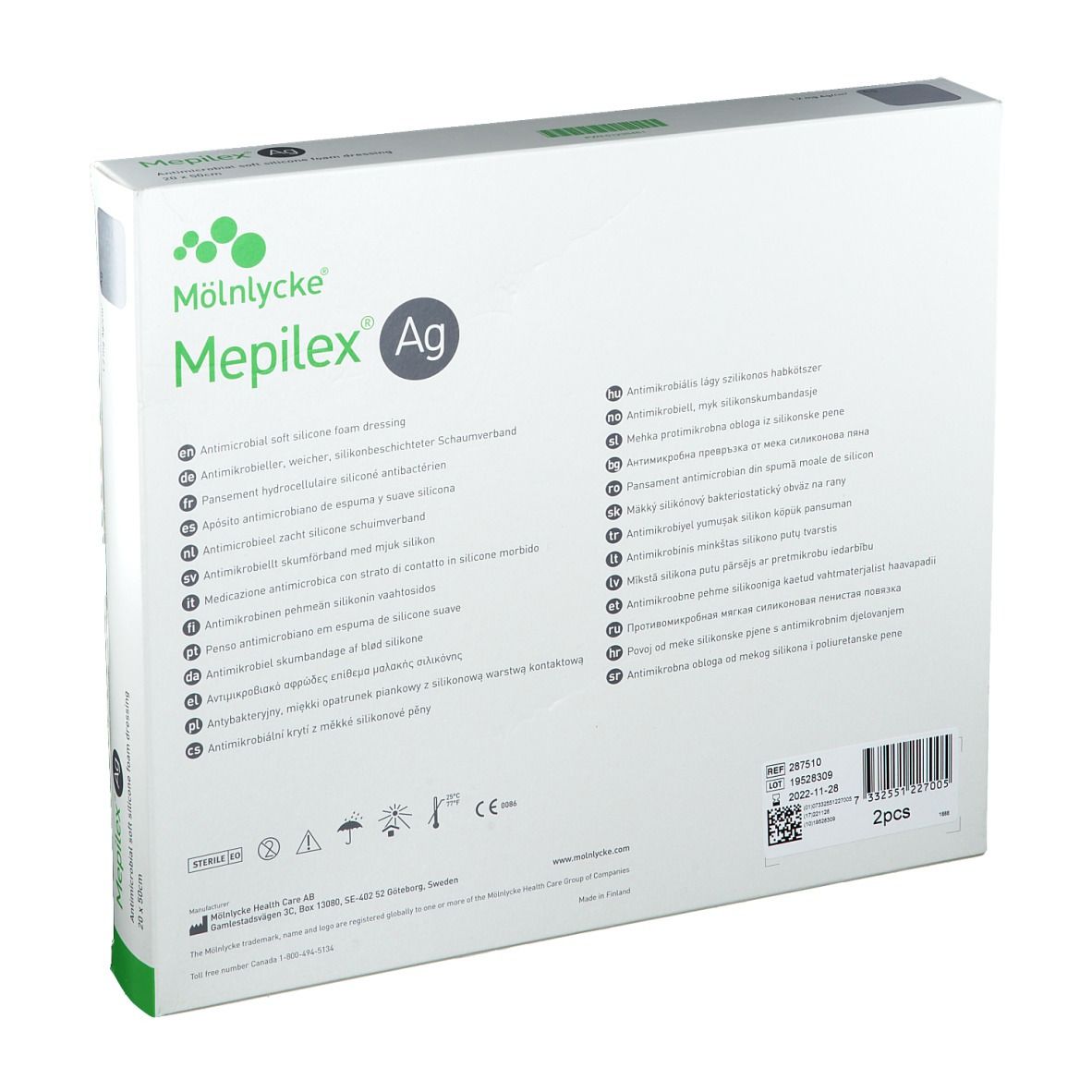 Retro della confezione Mepilex Ag. Informazioni sul prodotto e dettagli del produttore. 2 pezzi.