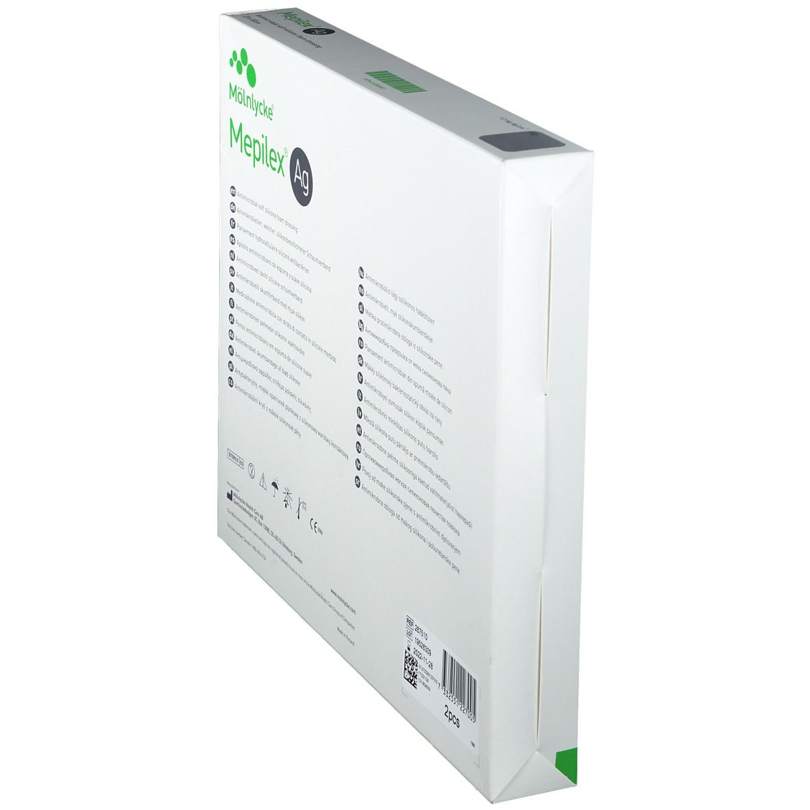 Confezione Mepilex Ag, in diagonale. Retro con informazioni sul prodotto. Bianco e verde.