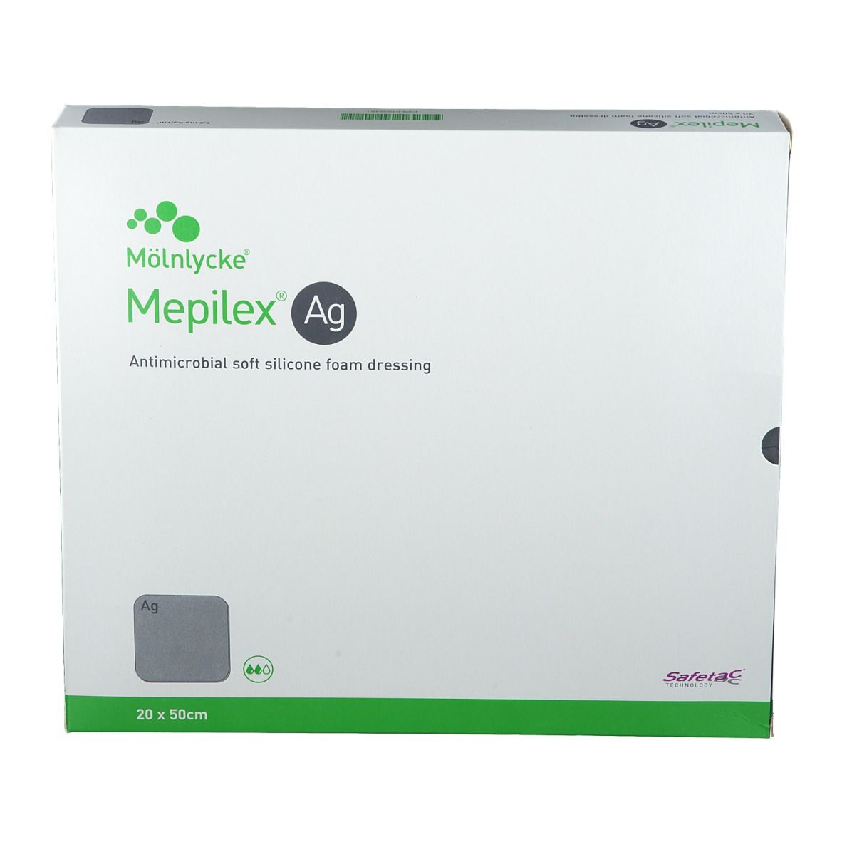 Confezione Mepilex Ag. Medicazione in schiuma di silicone morbida antimicrobica. 20 x 50 cm. Verde e bianco.
