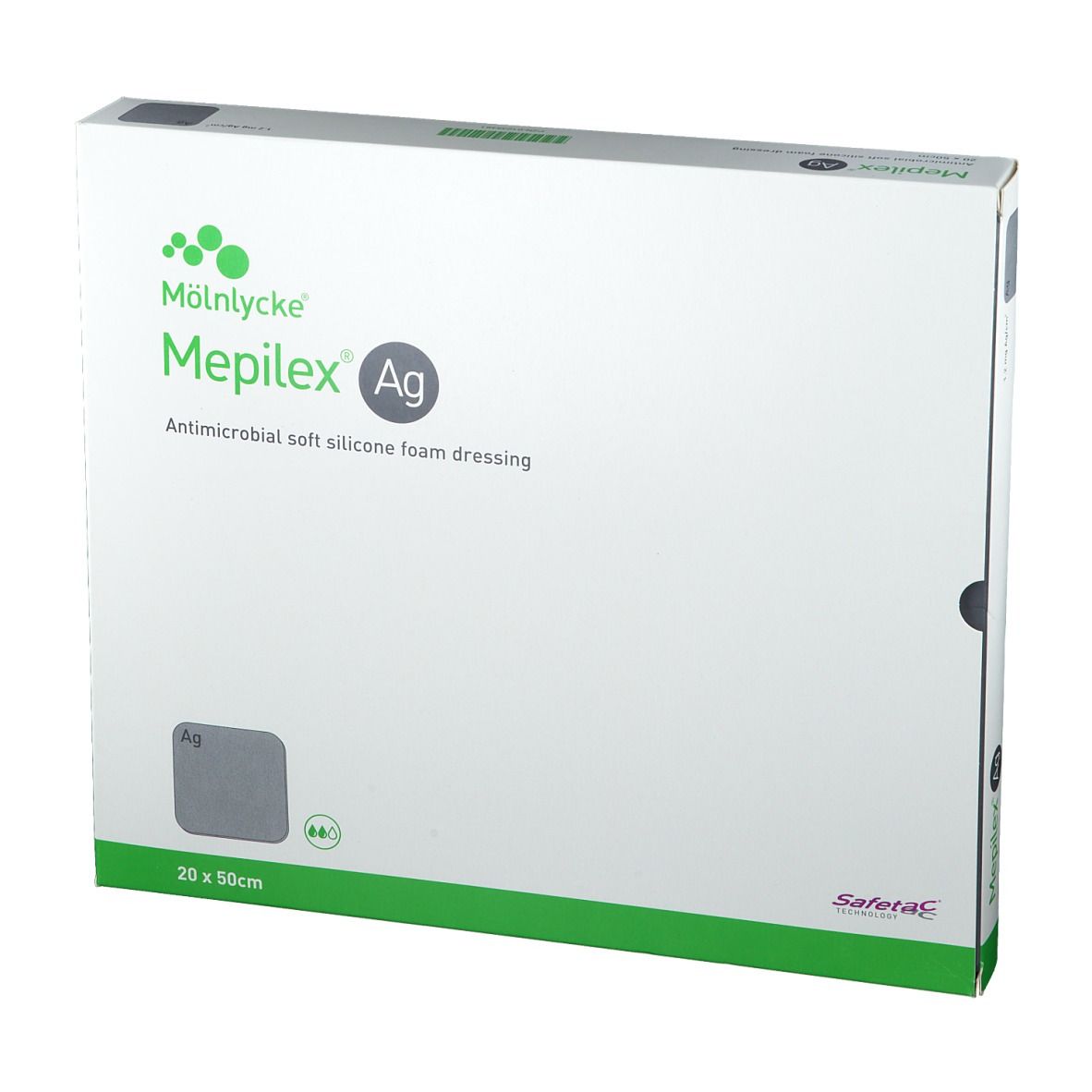 Confezione Mepilex Ag. Medicazione in schiuma di silicone morbida antimicrobica. 20 x 50 cm. Verde e bianco.
