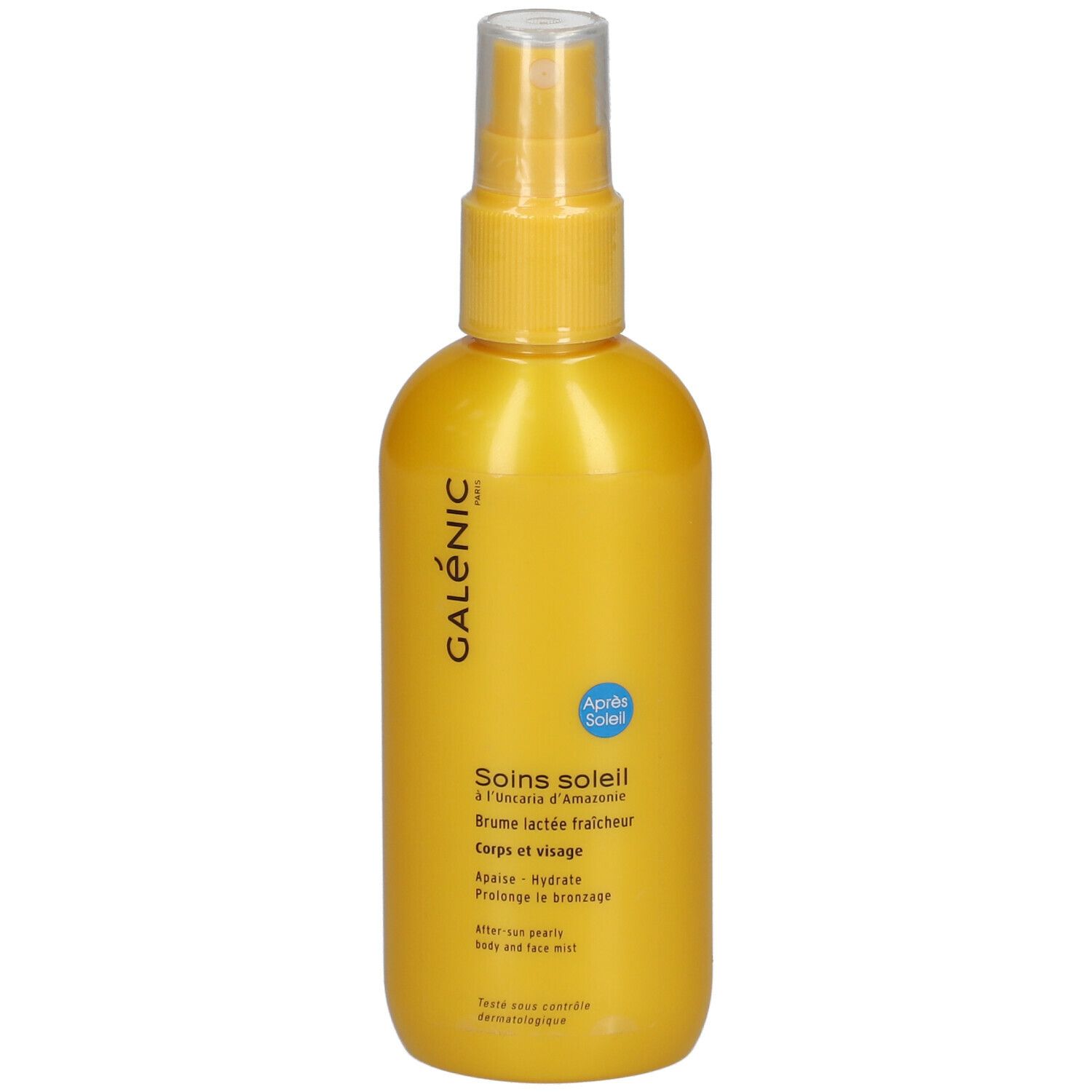 Flacone giallo con vaporizzatore. Scritta: Galénic, Soins soleil, Corps et visage. Con tappo.