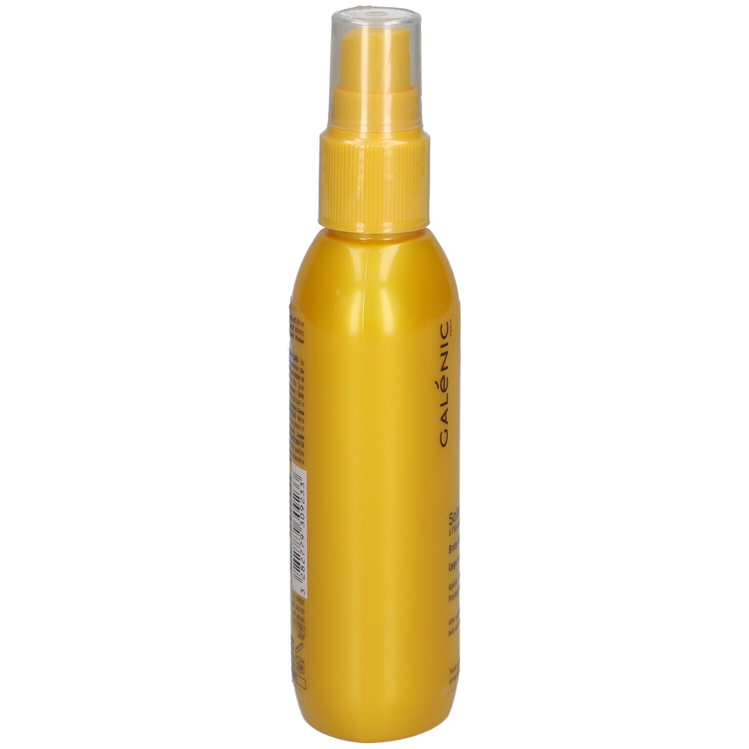 Flacone giallo con vaporizzatore. Scritta: Galénic. Testo laterale. Tappo trasparente.