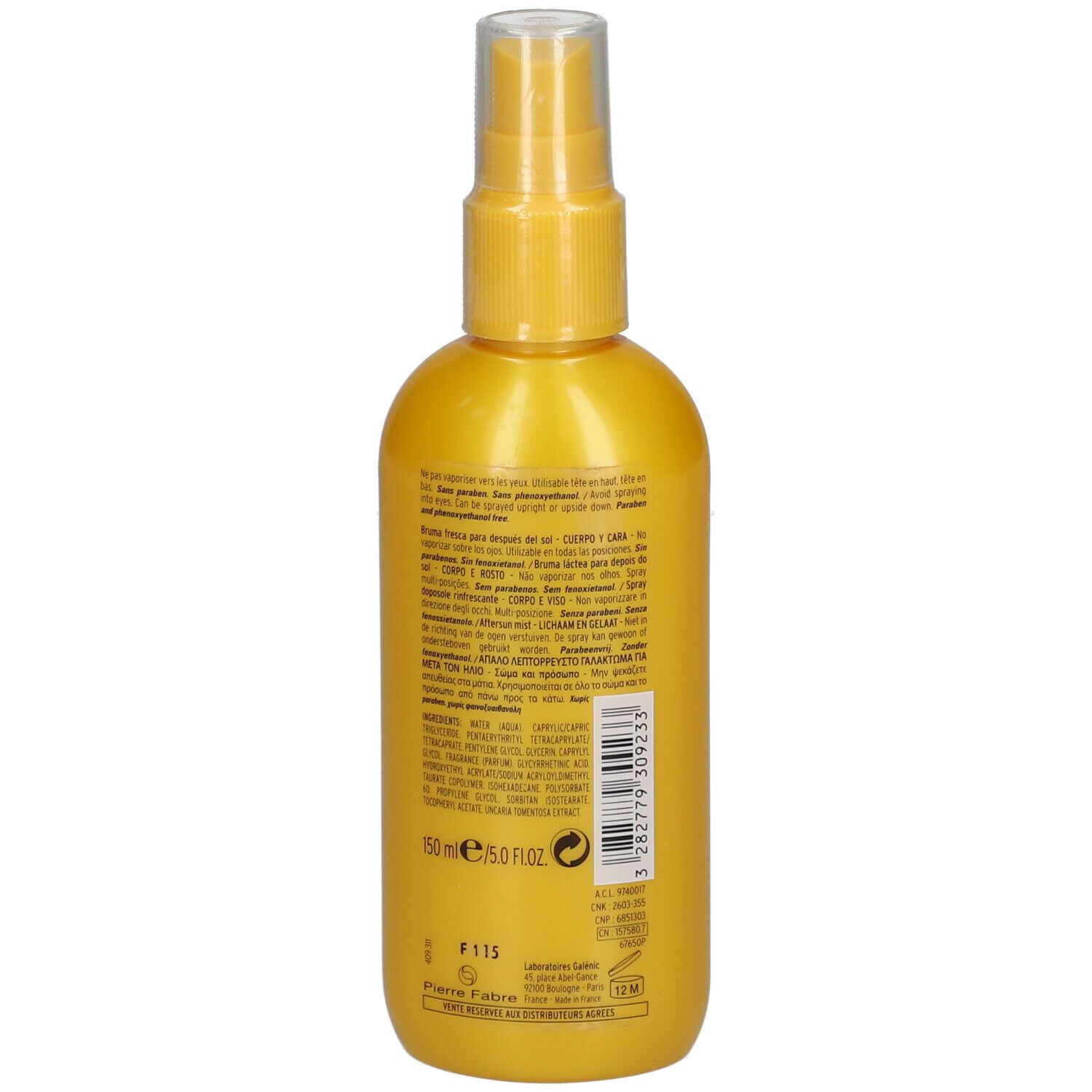 Flacone giallo con vaporizzatore. Scritta: Galénic. Testo e ingredienti. 150 ml.