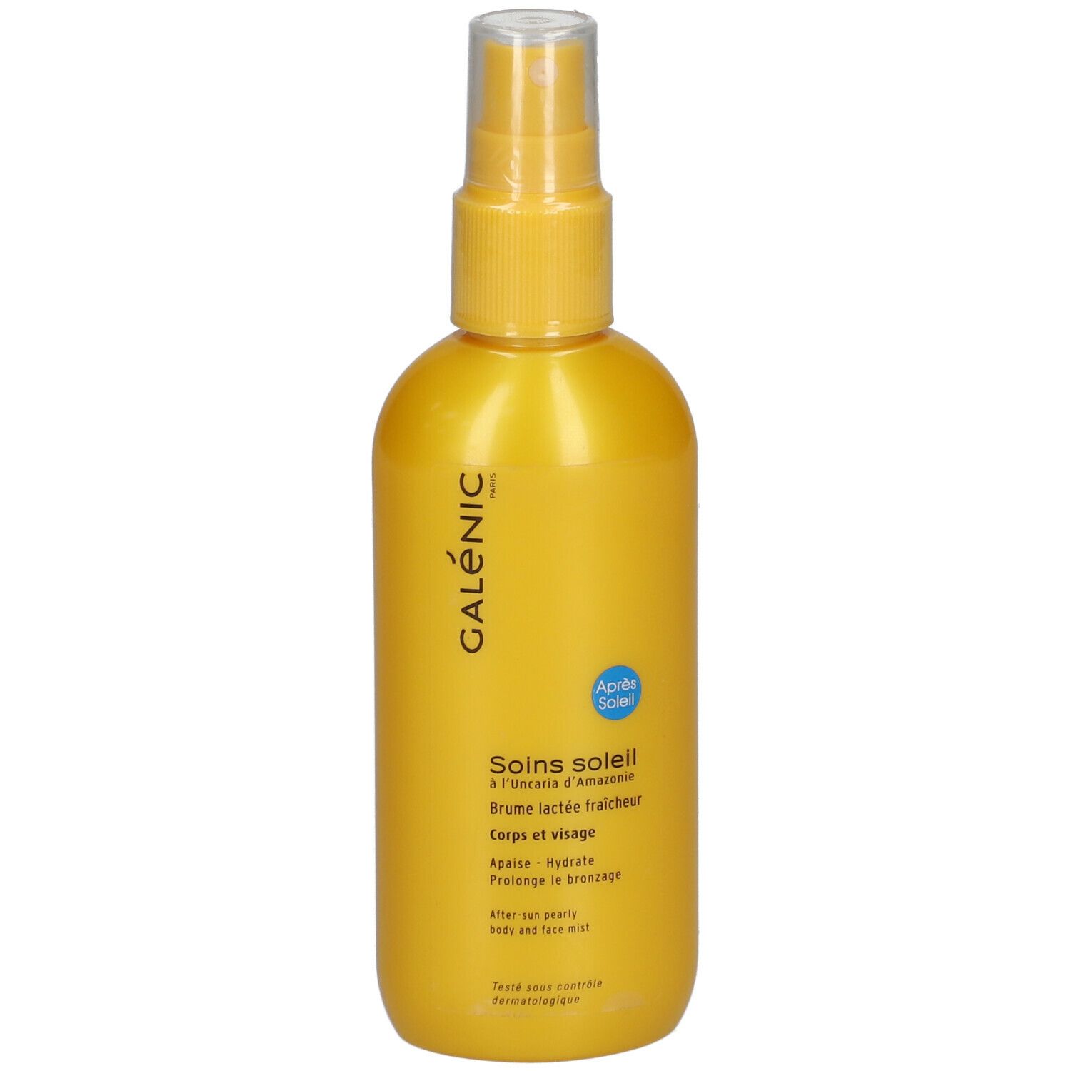 Flacone giallo con vaporizzatore. Scritta: Galénic, Soins soleil, Corps et visage. Con tappo.
