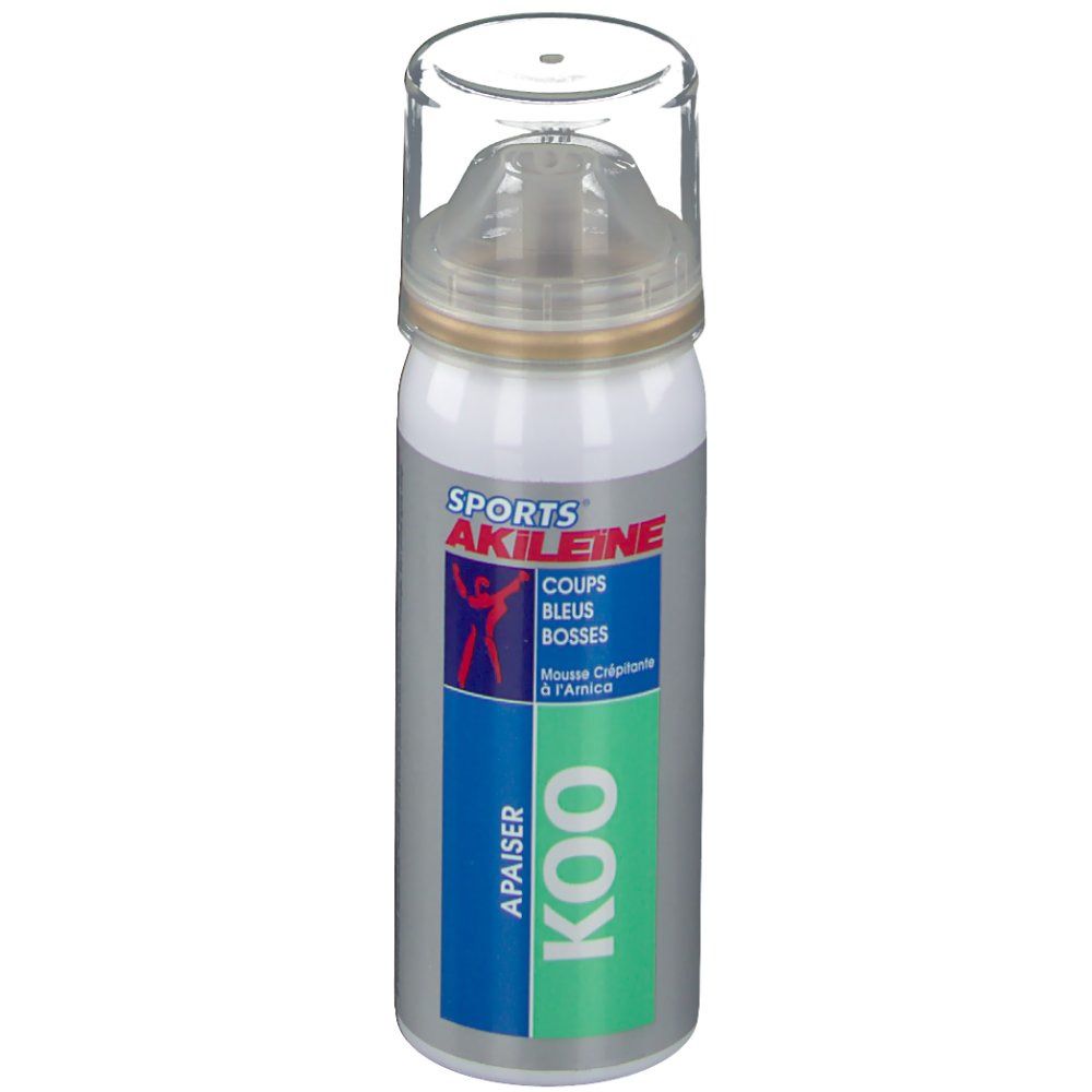 Flacone spray con erogatore. Scritte: SPORTS AKILEINE, KOO, Coups Bleus Bosses. Colori: bianco, blu, verde.