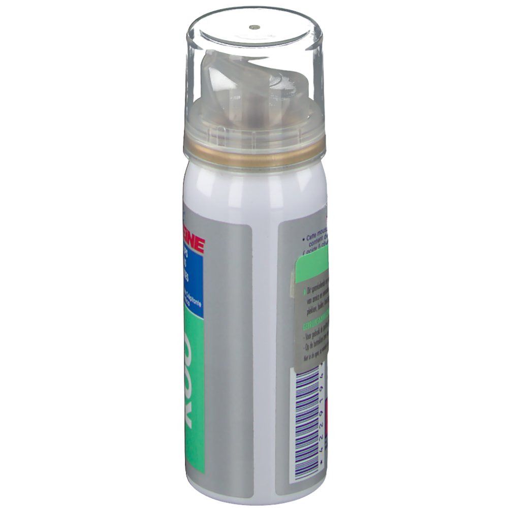 Flacone spray con erogatore. Scritta: KOO. Retro con testo e codice a barre. Colori: bianco, blu, verde.