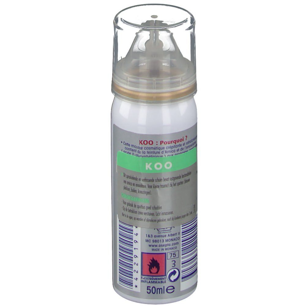 Flacone spray con erogatore. Scritta: KOO. Retro con testo, codice a barre e avvertenze. Colori: bianco, blu, verde.