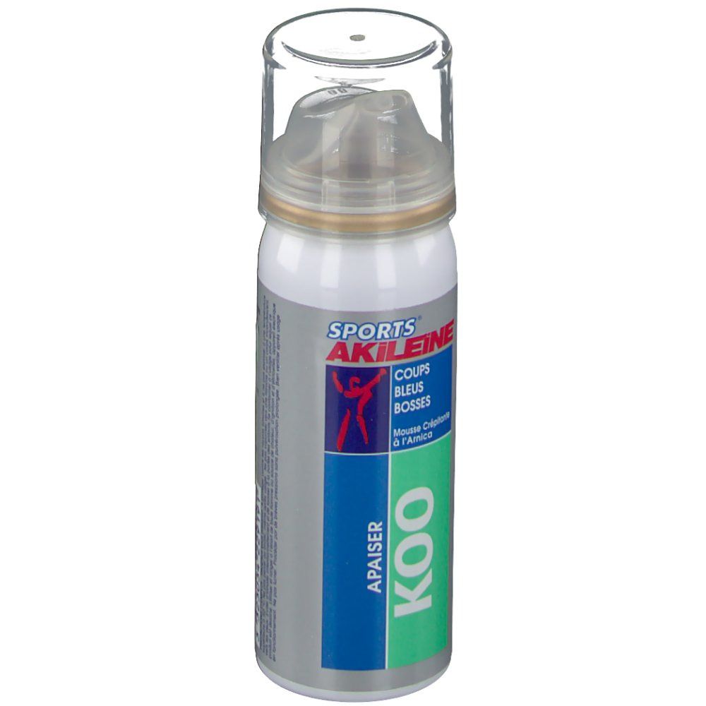 Flacone spray con erogatore. Scritte: SPORTS AKILEINE, KOO, Coups Bleus Bosses. Colori: bianco, blu, verde.