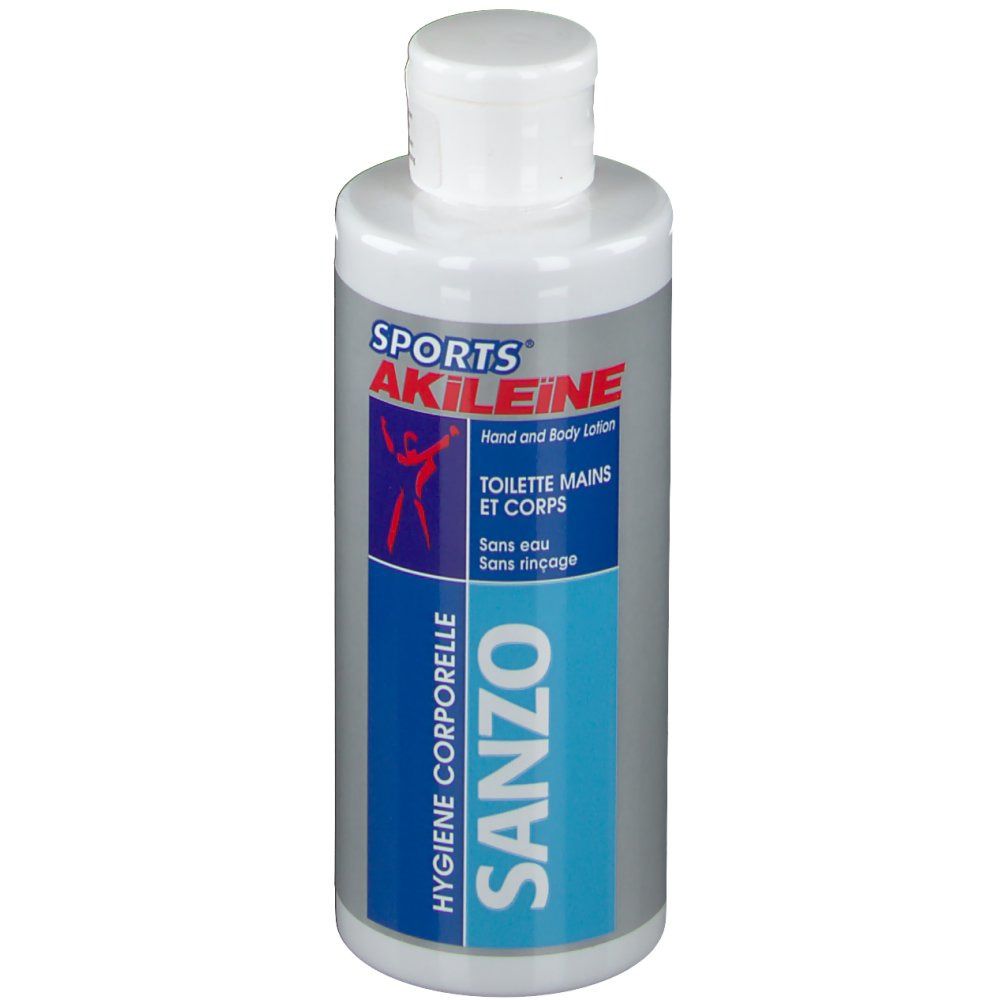 Flacone con tappo bianco. Scritta: SPORTS AKILEINE SANZO Hand and Body Lotion. Hygiene corporelle.