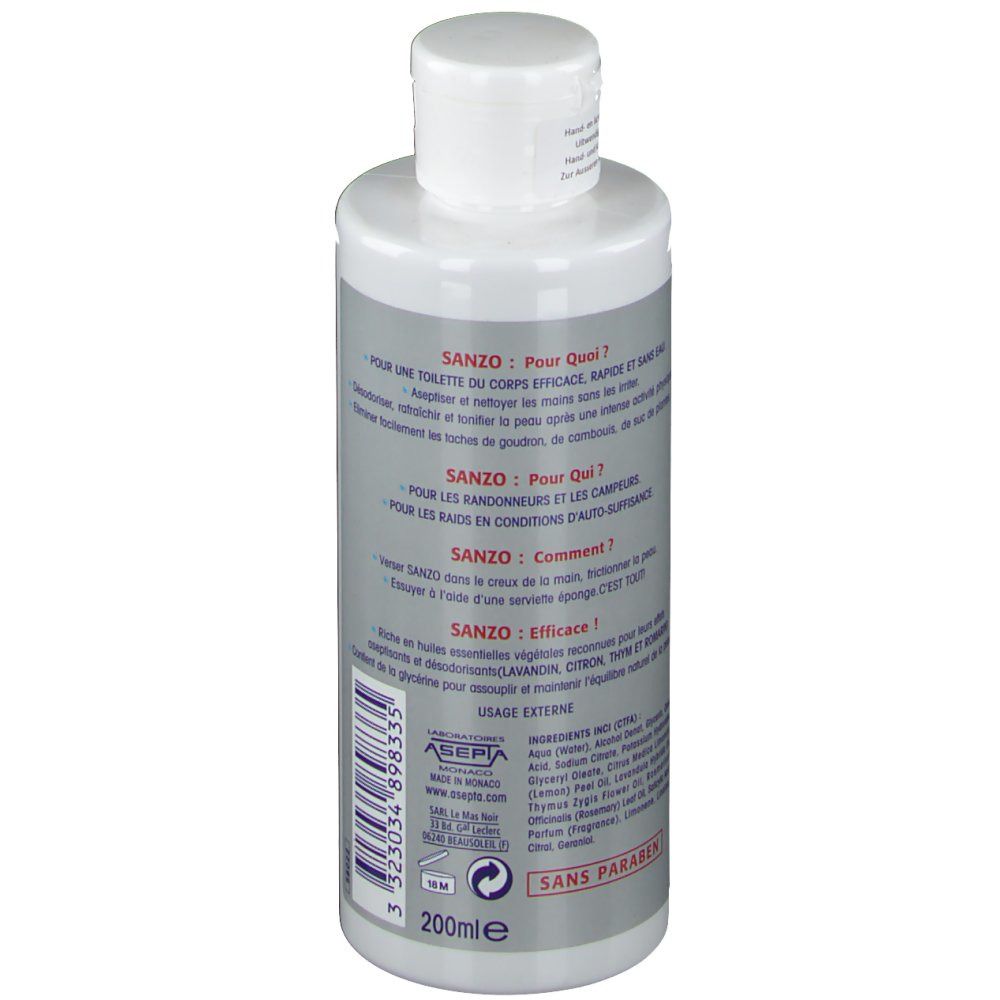Flacone con tappo bianco. Retro con testo. Nome del prodotto: SPORTS AKILEINE SANZO Hand and Body Lotion. 200ml.