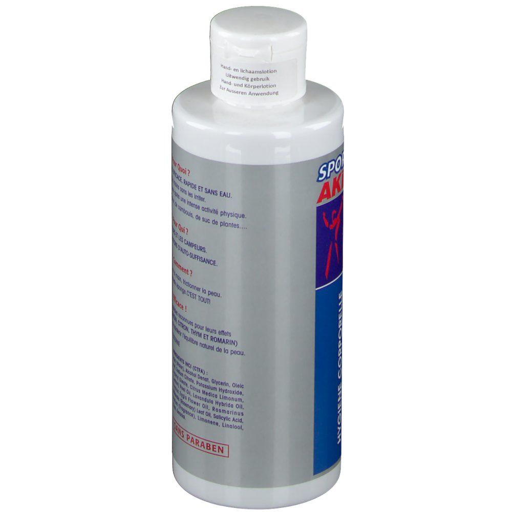 Flacone con tappo bianco. Scritta: SPORTS AKILEINE SANZO Hand and Body Lotion. Testo e logo.
