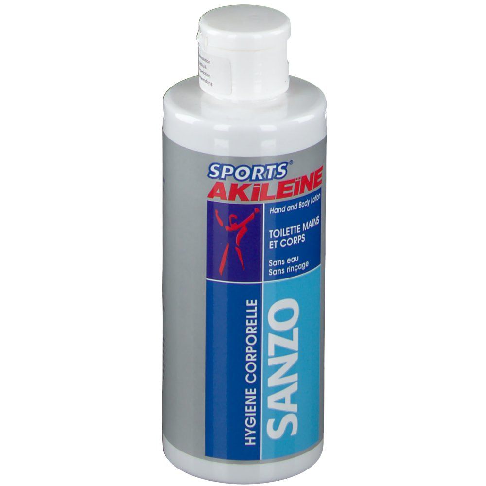 Flacone con tappo bianco. Scritta: SPORTS AKILEINE SANZO Hand and Body Lotion. Hygiene corporelle.