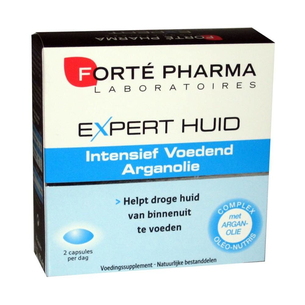 Confezione Forté Pharma Expert Huid. Scatola bianca e blu. Testo: Expert Huid, Arganolie, 2 capsule al giorno. Integratore.