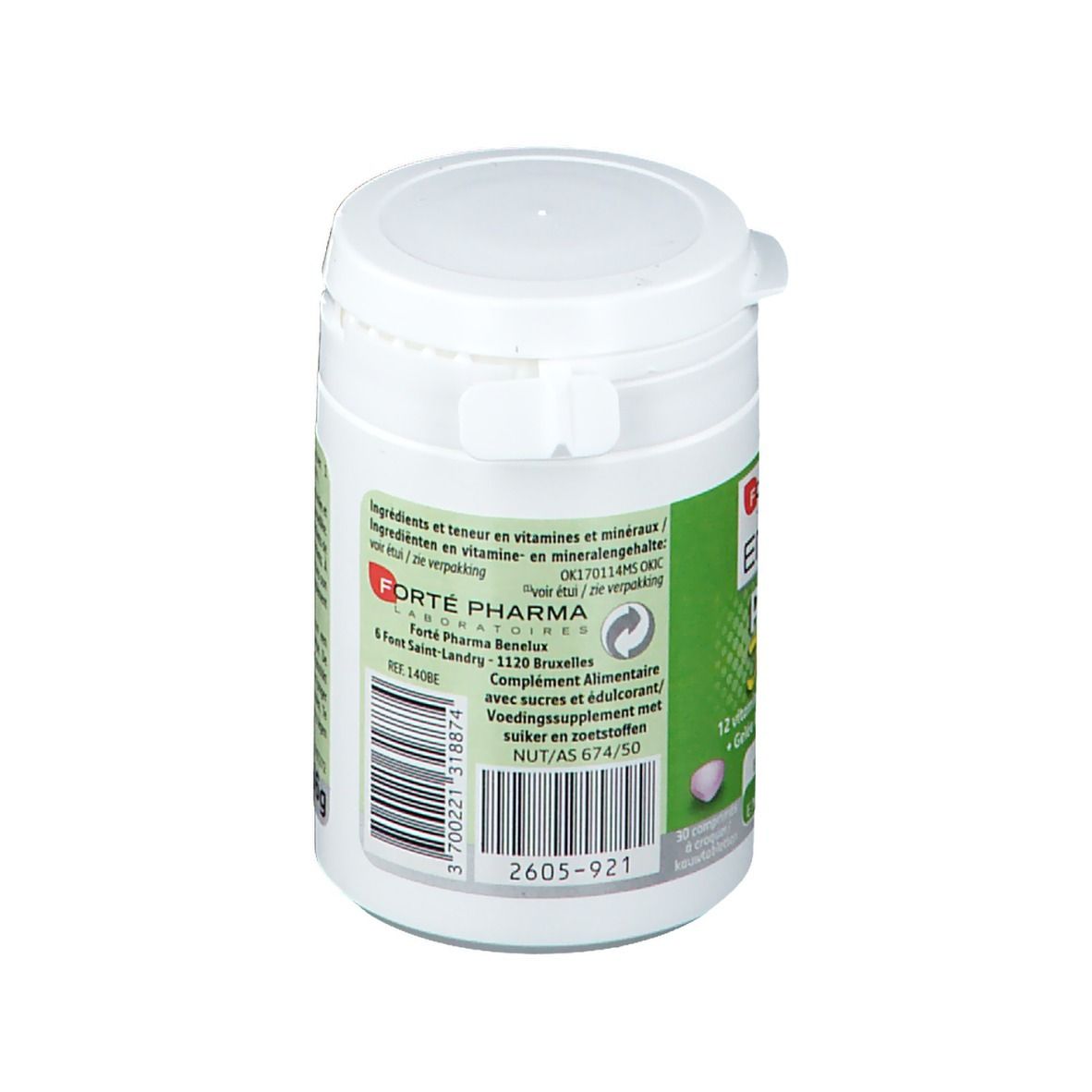 Barattolo bianco con etichetta verde. Testo: Energie Power Junior. Codice a barre e informazioni sul prodotto sul retro.