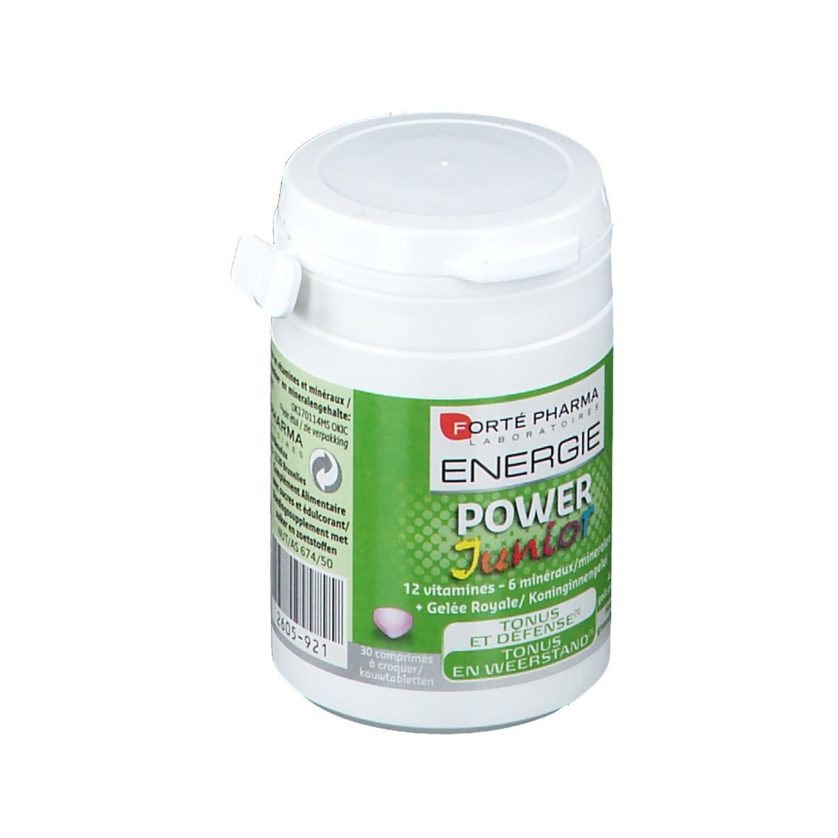 Barattolo bianco con etichetta verde. Testo: Energie Power Junior, 12 vitamine, 6 minerali, Gelée Royale. Coperchio con chiusura.