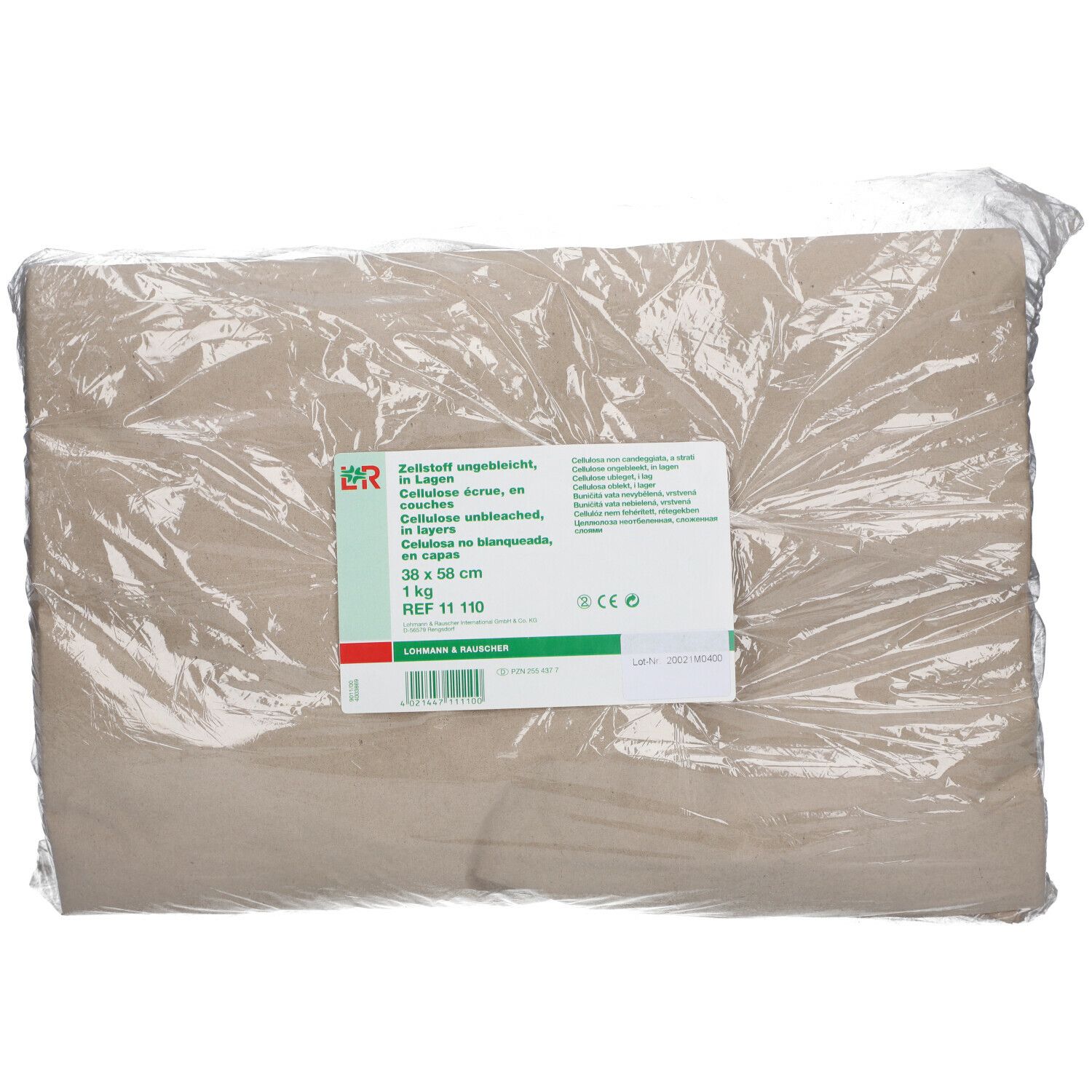 Cellulosa non sbiancata, confezionata in pellicola. Etichetta con informazioni: 38 x 58 cm, REF 11 110.