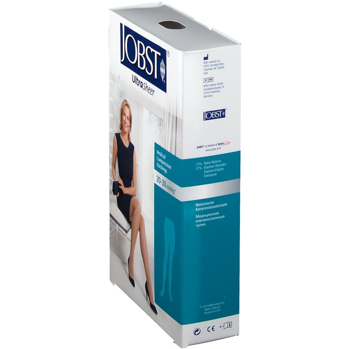 Confezione di calze a compressione JOBST Ultrasheer. Scritta: JOBST, Medical Compression Stockings 20-30 mmHg. Retro con informazioni sul prodotto.