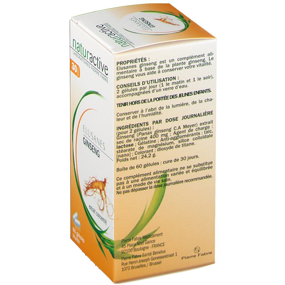 Retro della confezione di Elusanes Ginseng. Testo in francese. Contiene informazioni sugli ingredienti e l'uso.