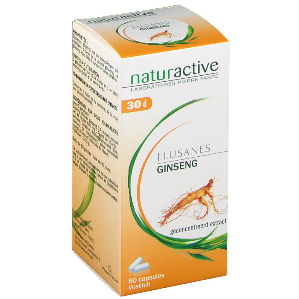 Confezione Elusanes Ginseng, vista obliqua frontale. Scritta: Naturactive, 30 d, 60 capsule. Illustrazione radice di ginseng.
