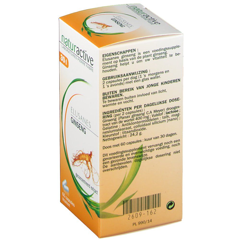 Retro della confezione Elusanes Ginseng. Testo in olandese. Informazioni su ingredienti e uso.