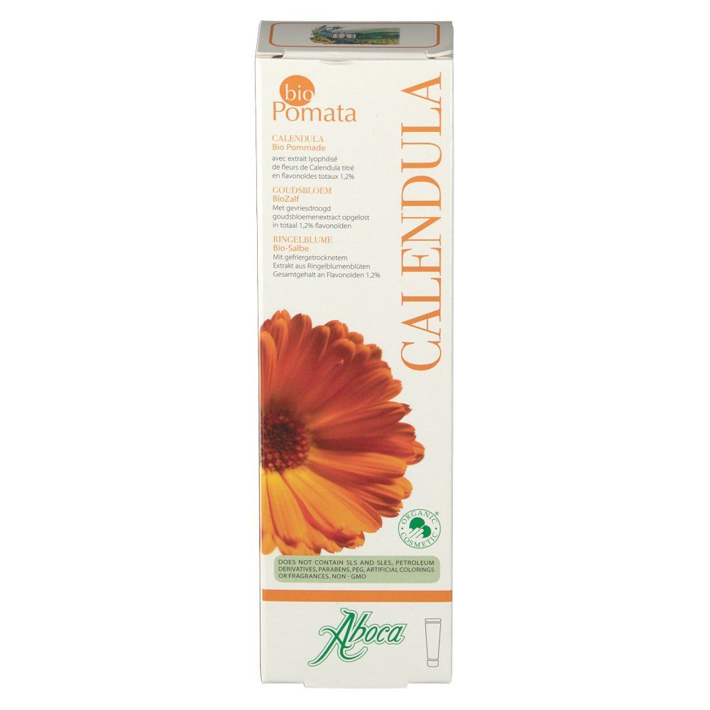 Scatola "Calendula Bio Pomata" con logo Aboca. Illustrazione di calendula. Marchio di certificazione verde.