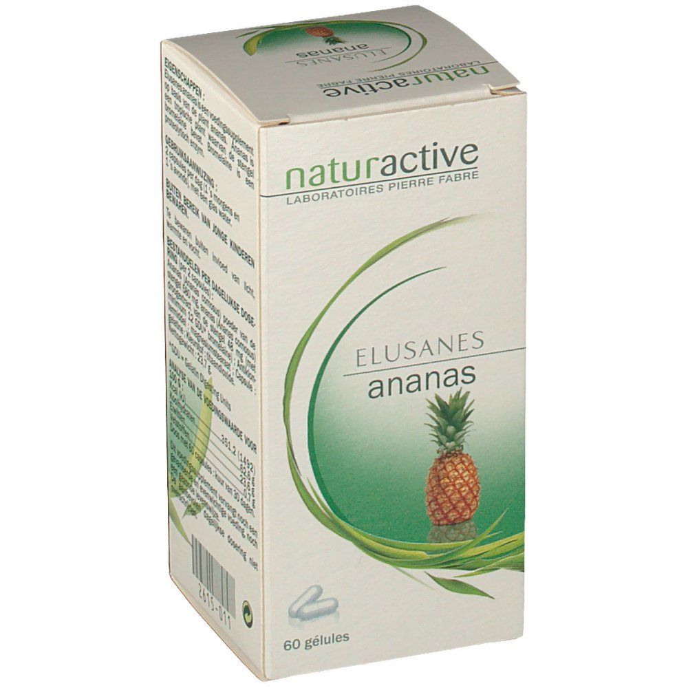 Confezione in cartone con nome del prodotto e illustrazione di ananas. Marchio: Naturactive. 60 capsule. Informazioni stampate.
