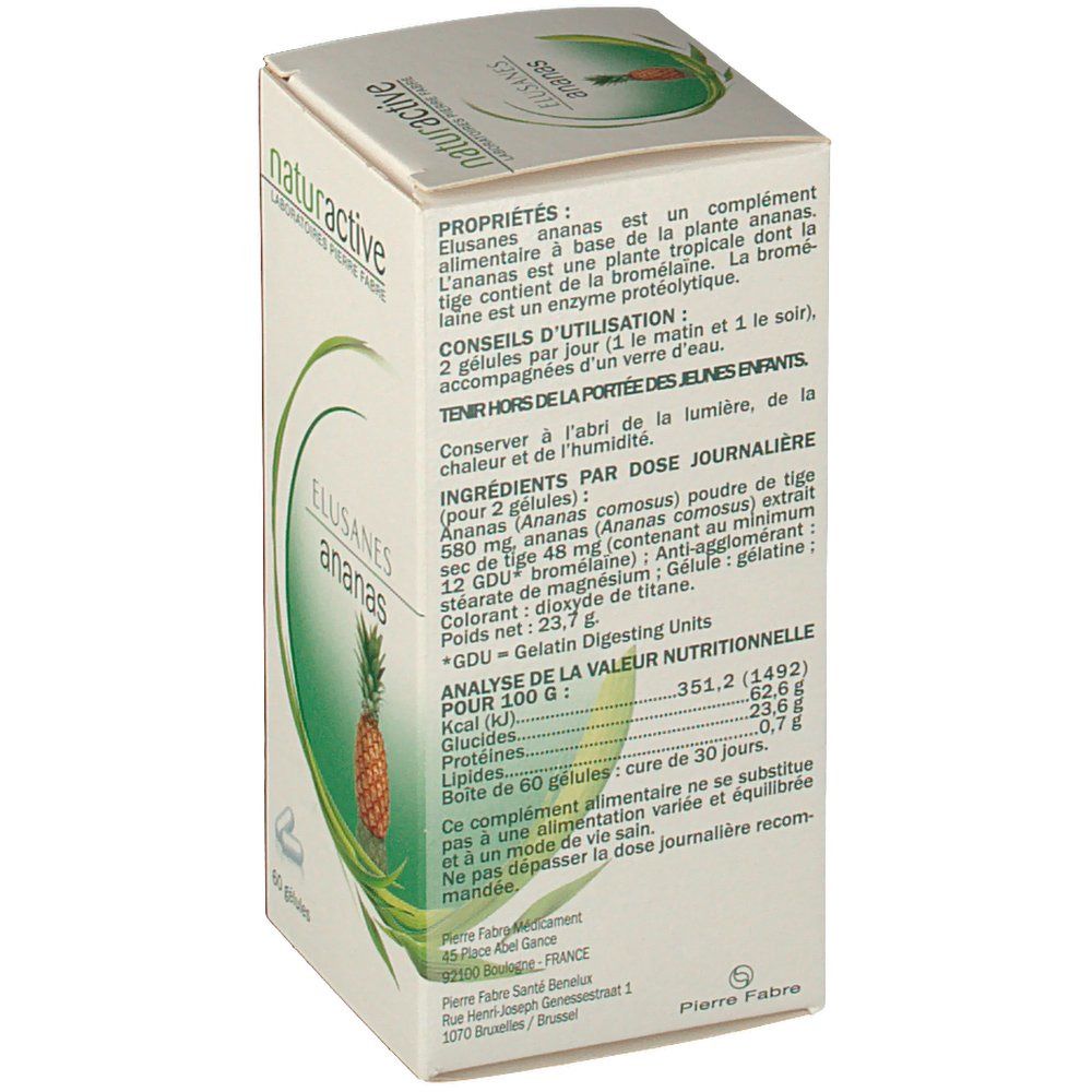 Retro della confezione in cartone con informazioni sul prodotto. Testo in francese. Contiene informazioni nutrizionali e ingredienti.