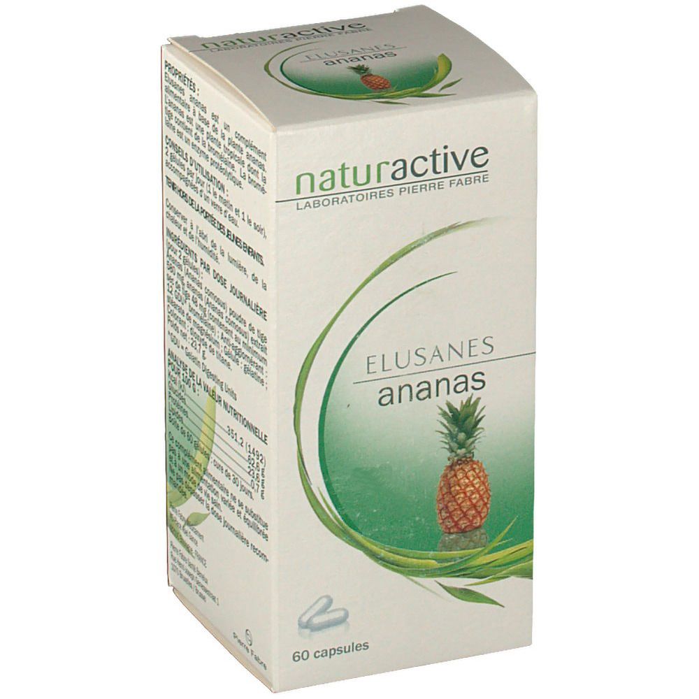 Confezione in cartone con nome del prodotto e illustrazione di ananas. Marchio: Naturactive. 60 capsule. Informazioni stampate.