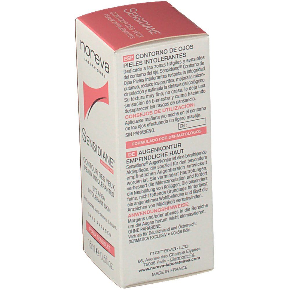 Retro confezione Sensidiane Care Eye Contour. Testo multilingue, ingredienti e informazioni produttore.