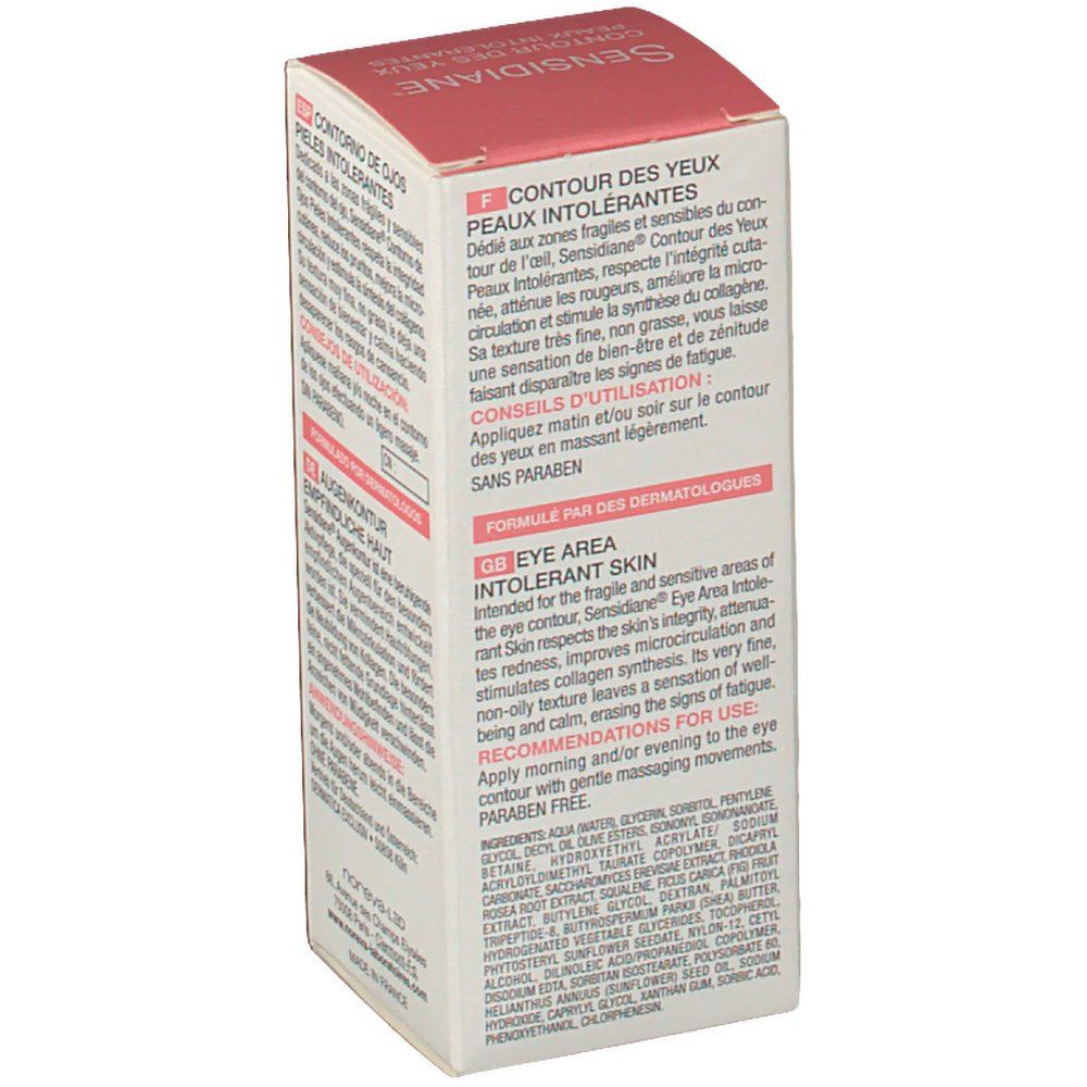 Lato confezione Sensidiane Care Eye Contour. Testo multilingue, consigli d'uso e informazioni produttore.