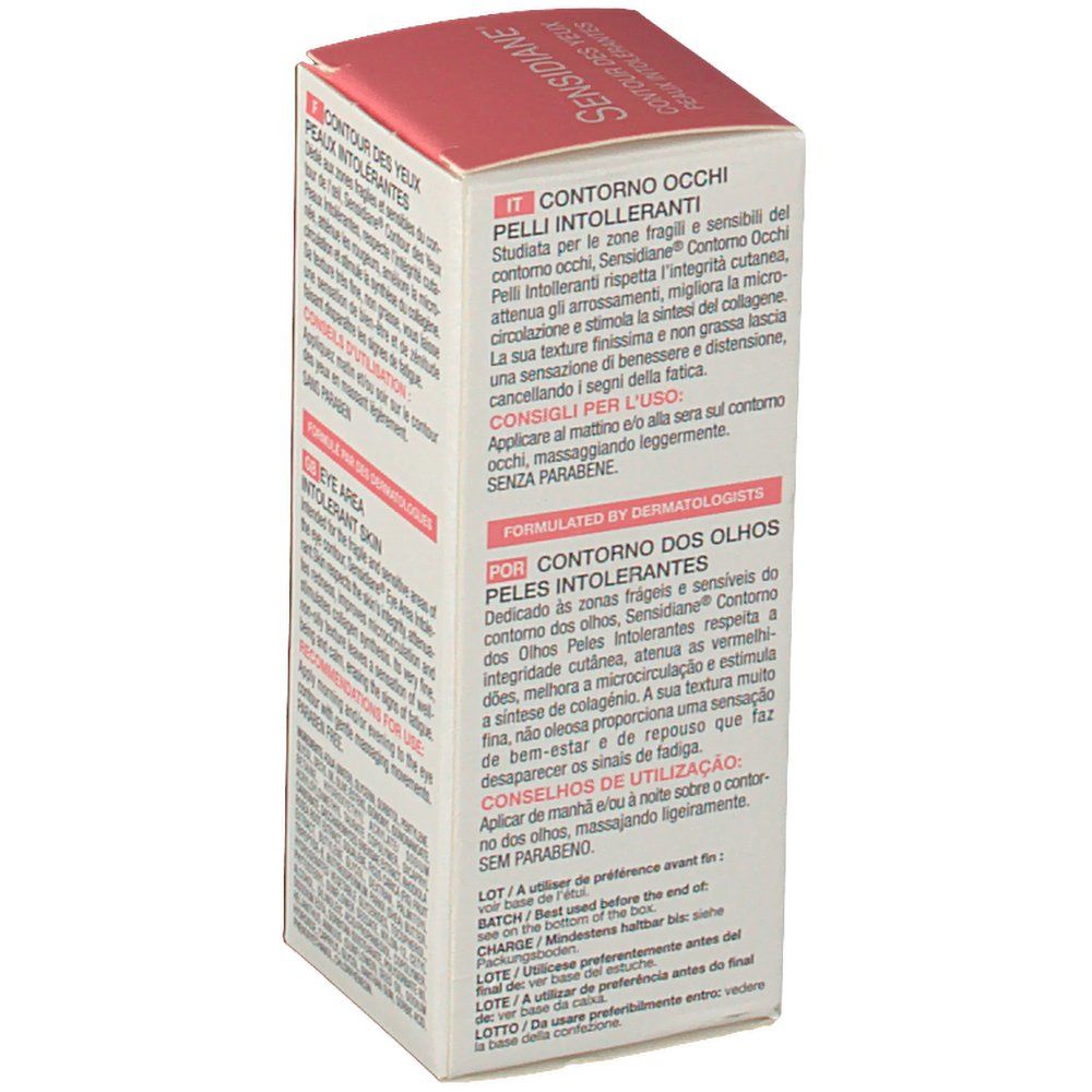 Lato confezione Sensidiane Care Eye Contour. Testo multilingue, consigli d'uso e informazioni produttore.