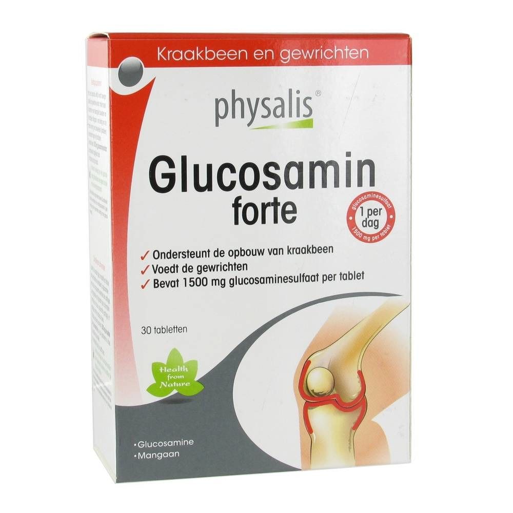Scatola di "Glucosamin forte" di physalis. Contiene 30 compresse. Scritta: "1 per dag".
