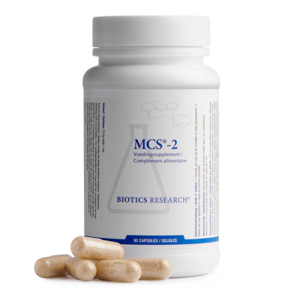 Flacone bianco MCS-2 Biotics e capsule. Scritta: Voedingssupplement/Complément alimentaire. 90 capsule. Marchio: Biotics Research.