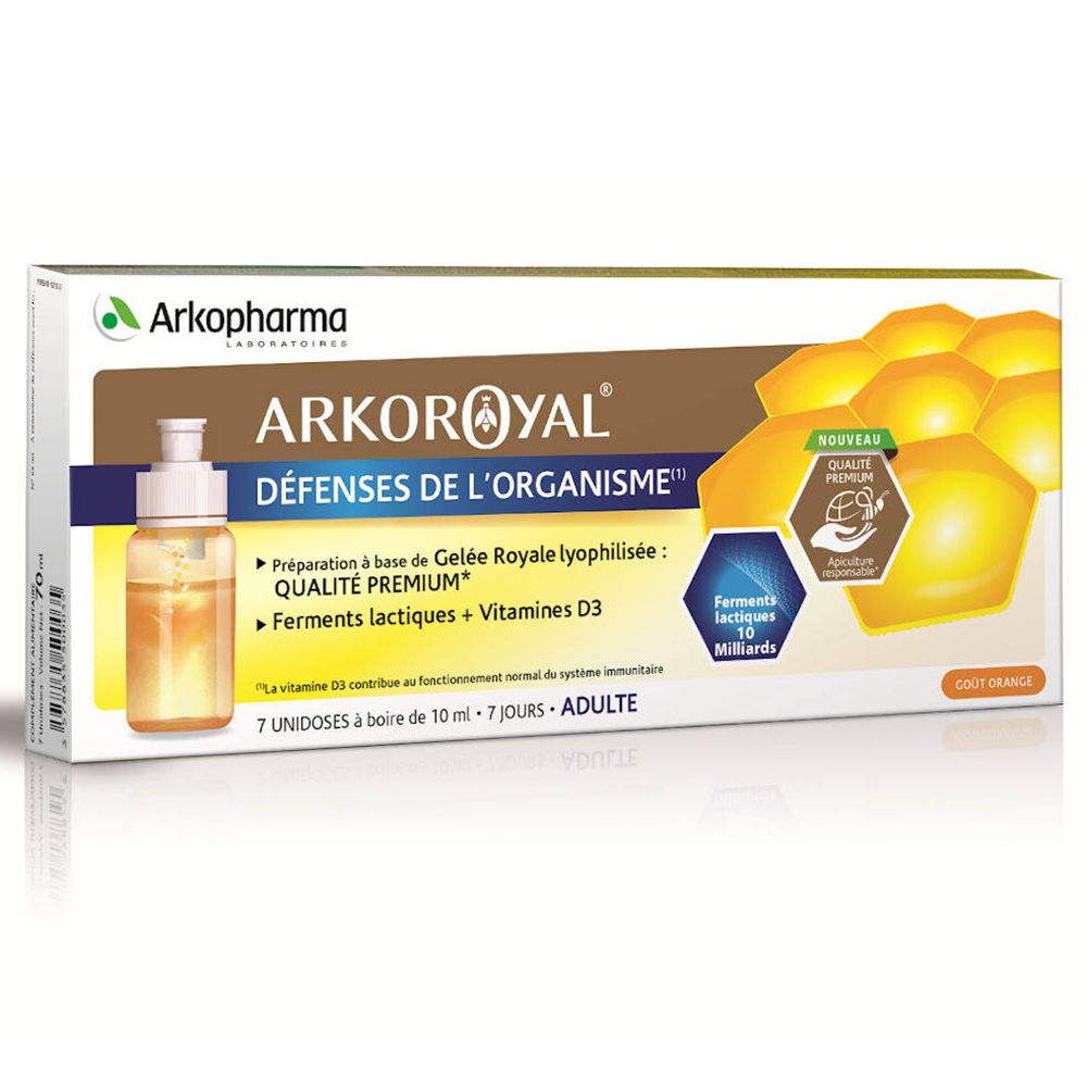 Confezione Arkopharma Arko Royal. Contiene 7 monodose. Scritta: Défenses de l'organisme, Gelée Royale, Vitamine D3. Gusto arancia.