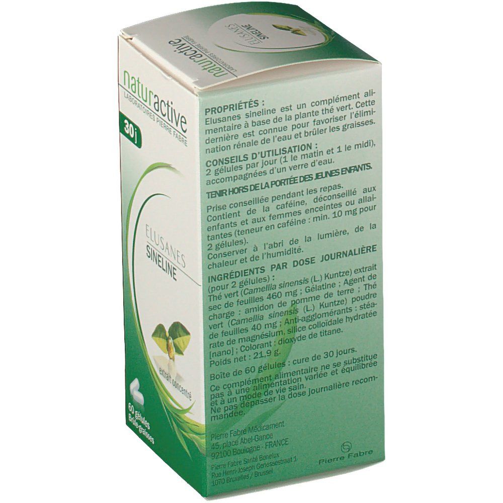 Retro della scatola Elusanes Sineline. Testo in francese. Design verde e bianco.