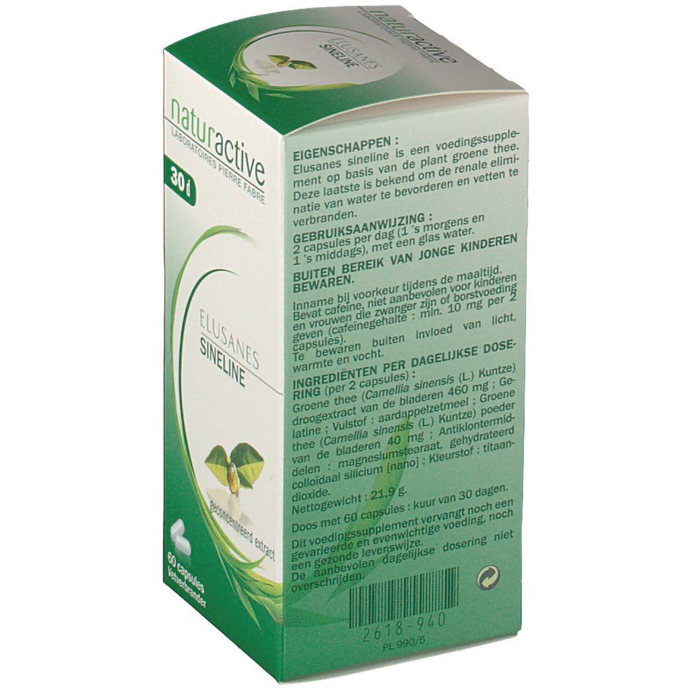 Retro della scatola Elusanes Sineline. Testo in olandese. Design verde e bianco.