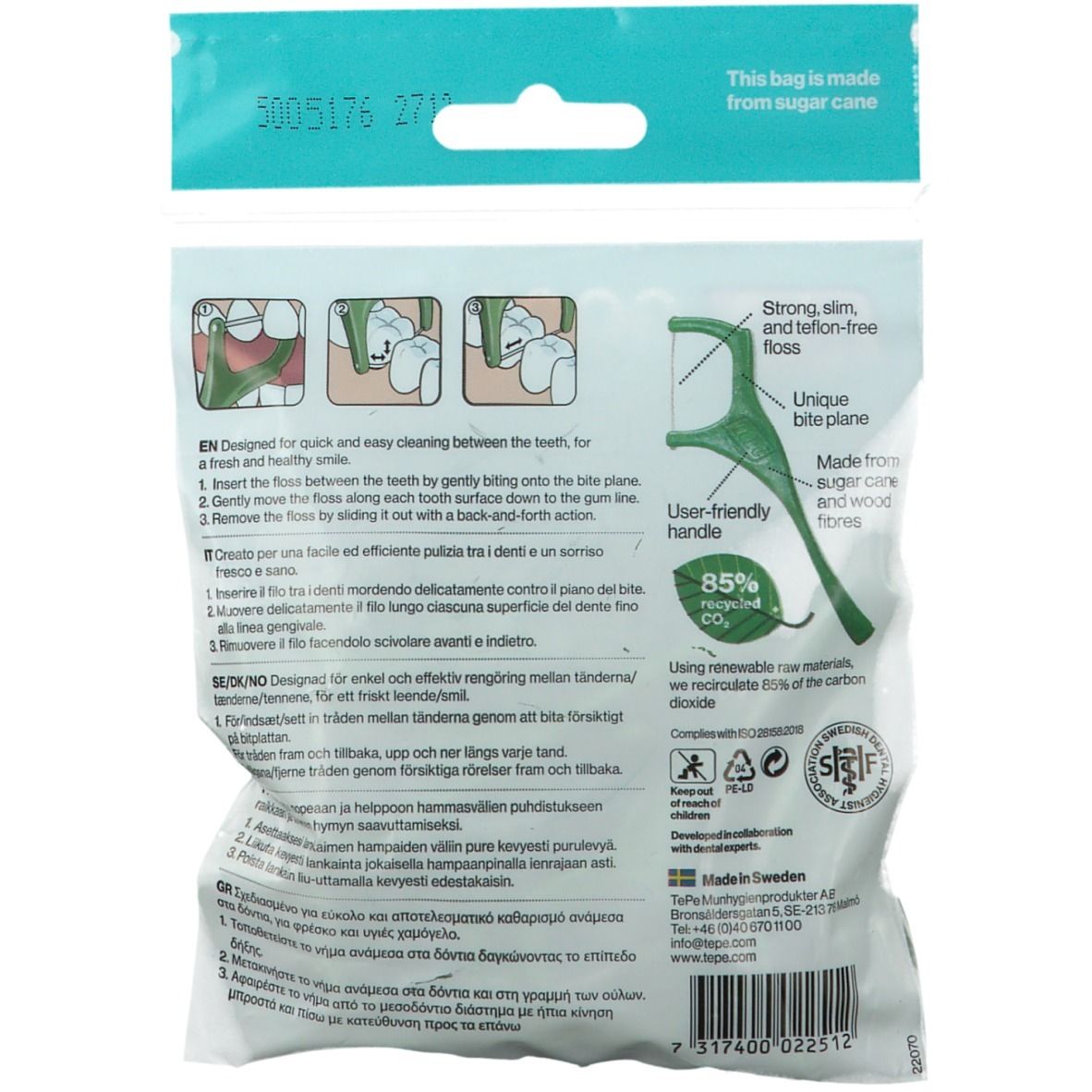 Retro della confezione. Illustrazioni d'uso. Testo in inglese, tedesco, italiano, svedese e greco. Sigilli.