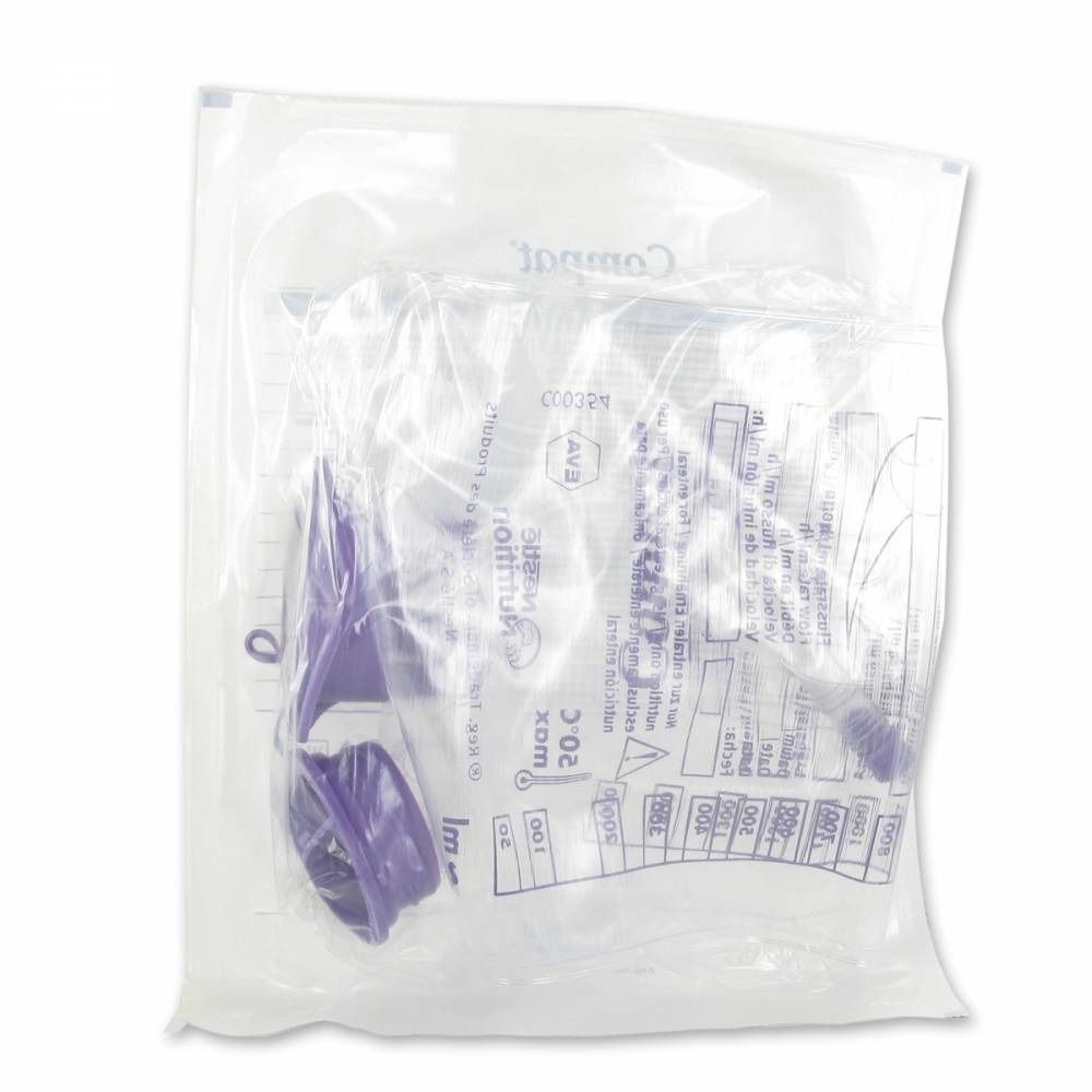 Confezione trasparente con dispositivo medico. Visibili: sacchetto, componente viola, testo. Marchio Compat®.