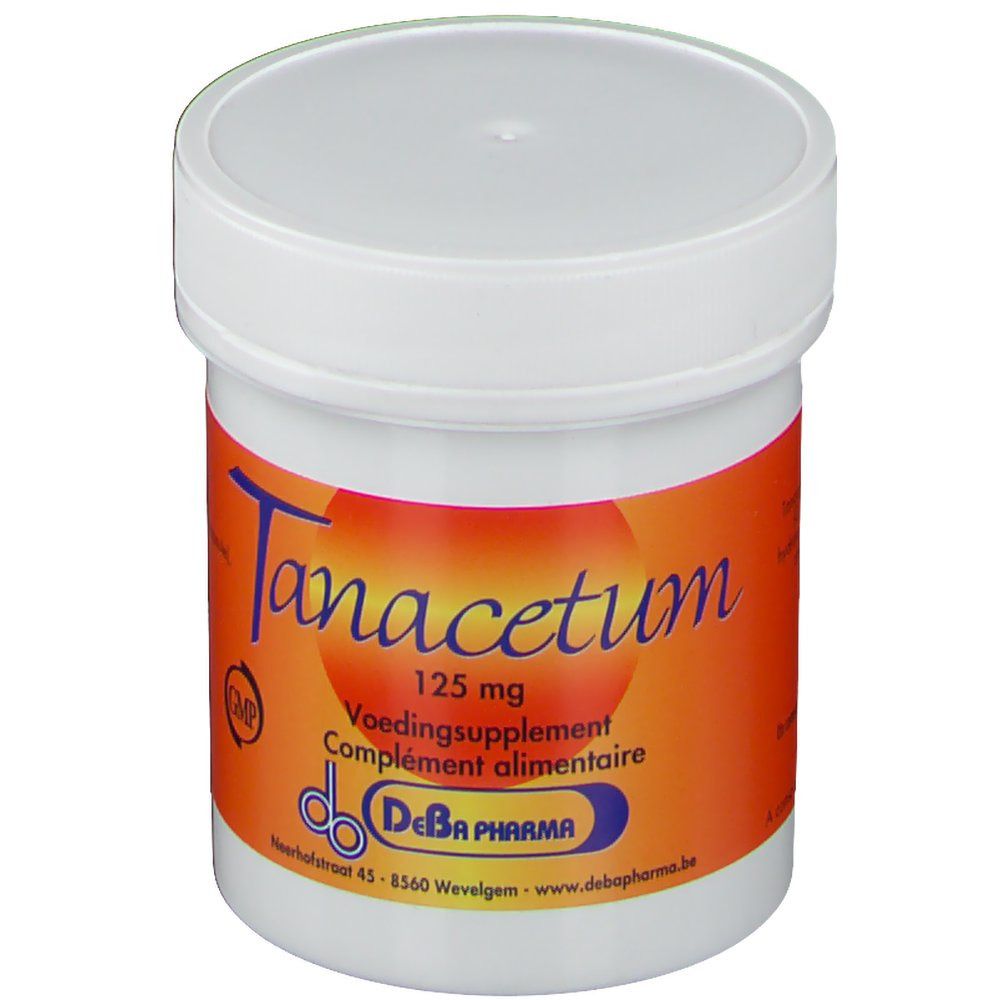 Contenitore bianco con fascia arancione. Scritta: Tanacetum 125 mg, Voedingssupplement, Complement alimentaire, DeBa Pharma.