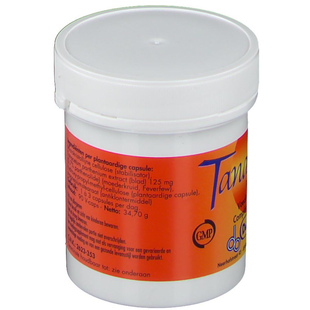 Contenitore bianco con fascia arancione. Retro con informazioni sugli ingredienti e istruzioni per l'uso.